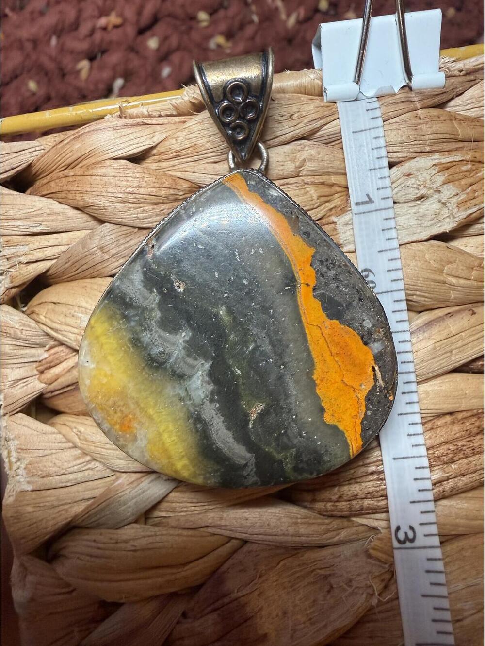 Large Bumblebee Jasper Pendant Sterling Silver 925 Orange Yellow Statement Stone